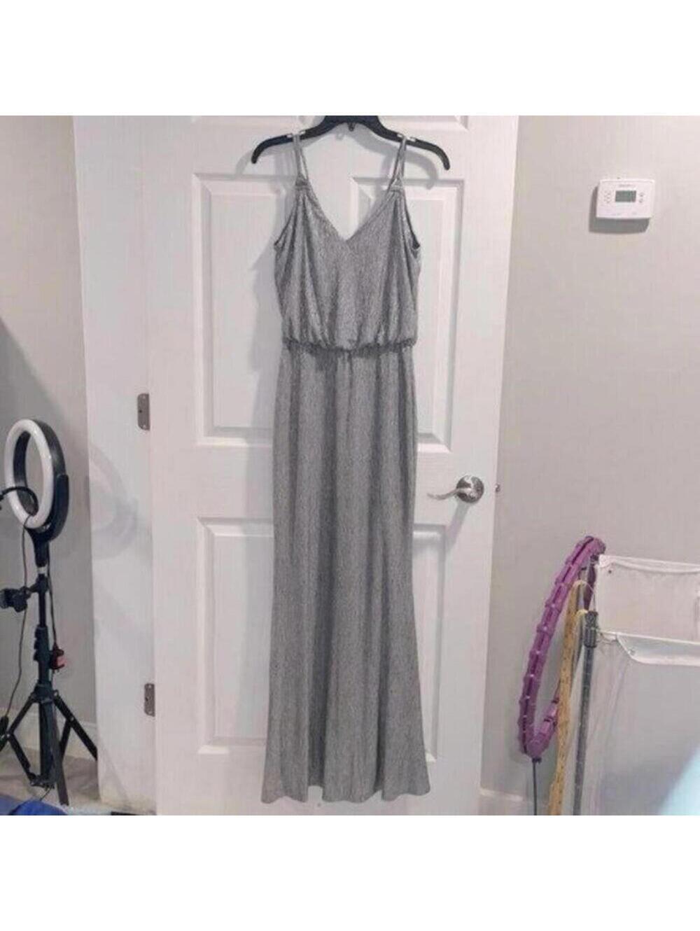 Calvin Klein Spaghetti Strap Sliver Metallic Stretch Waist Maxi Dress formal